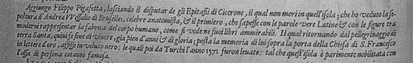 Passage in Abraham Ortelius’s <em>Teatro del Mondo</em> with Pigafetta’s report on Vesalius’s burial place. In Italian